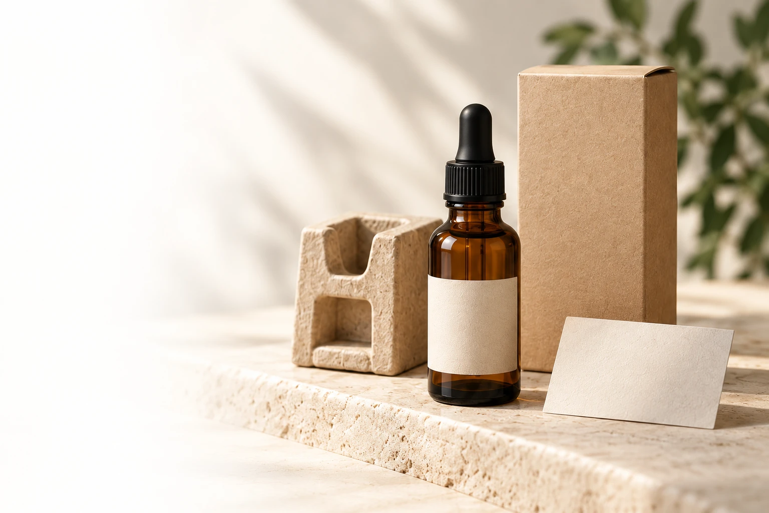 Composición referencial de envases y packaging con gotario ámbar y caja